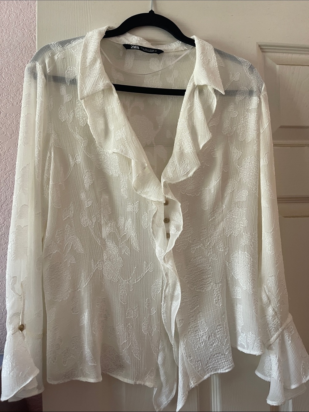Zara Cream Ruffle Front Sheer Blouse